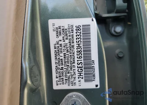 2003 Honda Civic Lx z USA, uszkodzony, nr VIN 2HGES16583H533286